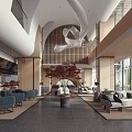 Elegant Modern Hotel Lobby Interior With Arched Design Wooden Elements And Green Plants
