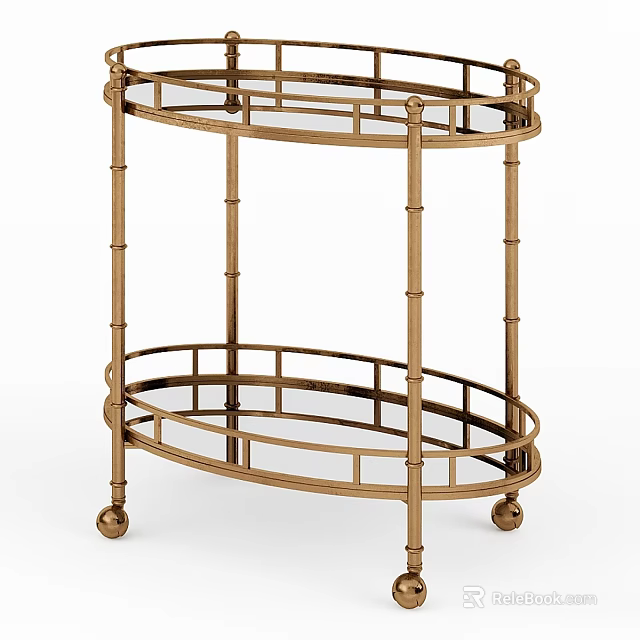 Gold Bamboo Style Two Tiered Decorative Serving Cart With Metal Frame And Wheels 3d model 