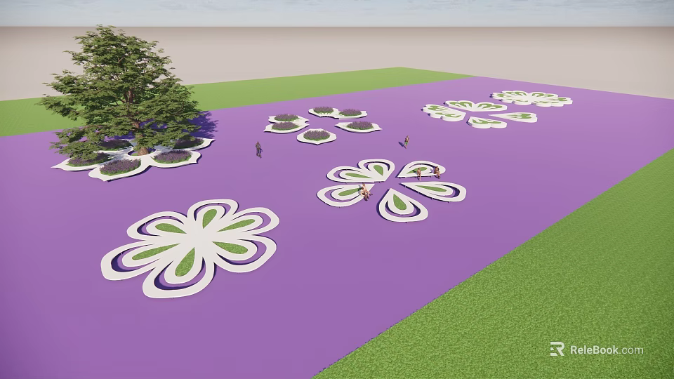Flower Shaped Tree Pits Design On Purple Ground With Green Grass And Trees 3d model