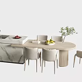 Dining Table Set With Light Wood Oval Table Light Gray Chairs And Marble Kitchen Island 3d model
