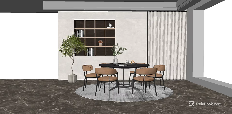 Modern Round Dining Table Set With Beige Chairs Green Plant And Wall Shelf 3d model