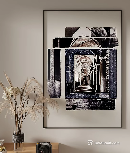 Black And White Architectural Wall Art With Dried Flower Decoration In Interior 3d model 