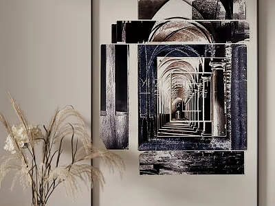 Black And White Architectural Wall Art With Dried Flower Decoration In Interior 3d model
