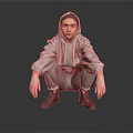 A Man Wearing Gray Hoodie And Gray Pants Squatting On Black Floor With Gray Background