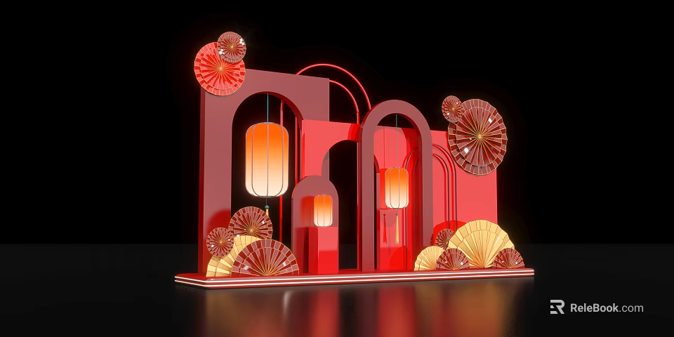 Red Festive Decorative Installation With Arch Structure Lanterns And Paper Fans 3d model