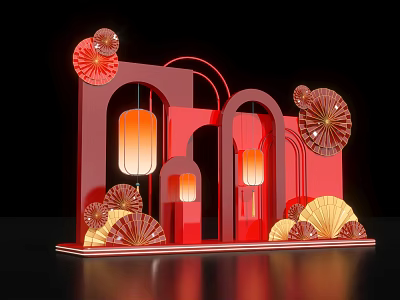 Red Festive Decorative Installation With Arch Structure Lanterns And Paper Fans 3d model