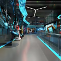 Modern Tech Exhibition Hall With Robots Car Models Blue Lighting And Glass Railings