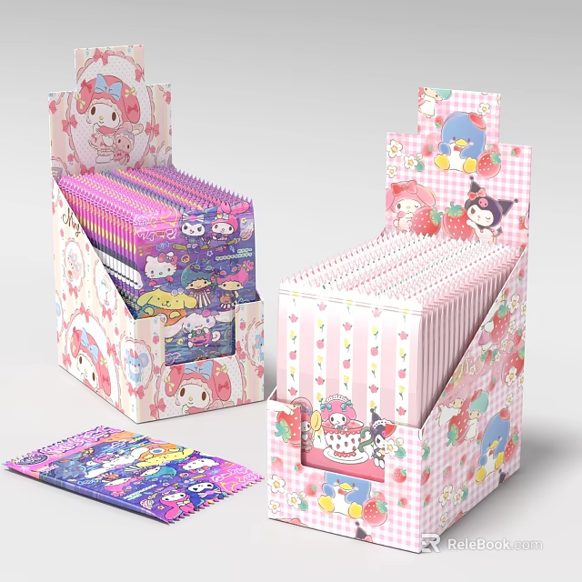 Cartoon Themed Stationery Display Box With Colorful Notebooks And Cute Character Patterns 3d model 