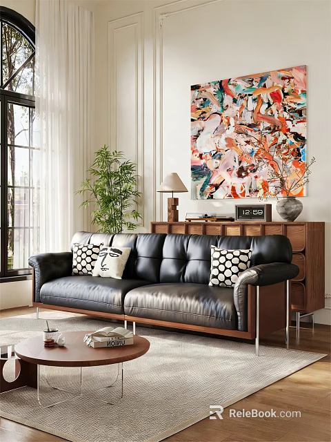Black Leather Multi Person Sofa With Black White Patterned Pillows Abstract Painting And Green Plant 3d model 