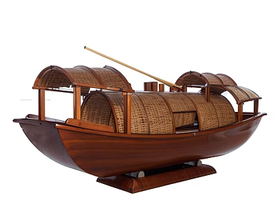 Traditional Wooden Boat Model with Wicker Canopy and Paddle on Wooden Stand 3d model