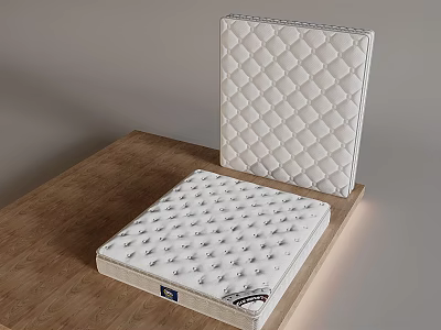 Two White Plush Mattresses With Diamond Quilted Pattern Displayed On Wooden Platform 3d model