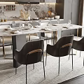 Modern Restaurant Interior With Long Marble Table Stylish Chairs And Decorative Lighting 3d model