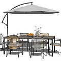 Modern Outdoor Dining Table with Cantilever Umbrella Wooden Chairs and Decorative Vase