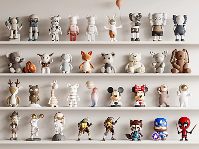 Assorted Characters Animals and Themed Dolls Arranged on Shelves 3d model