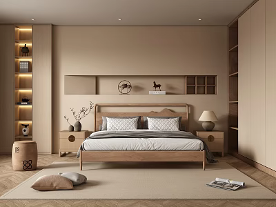 Modern Bedroom Interior Design With Wooden Bed Neutral Tones Wall Shelves And Rug 3d model