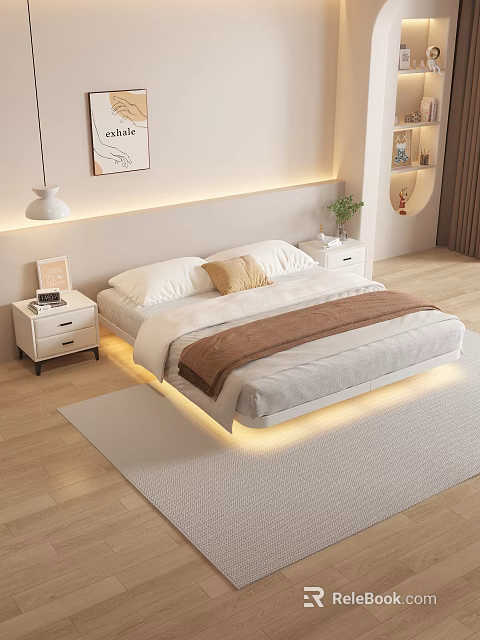 Modern Bedroom Interior With Platform Bed Nightstands And Ambient Lighting 3d model 