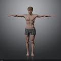 Shirtless Man in Black and White Checkered Shorts with Arms Outstretched Against Gray Background