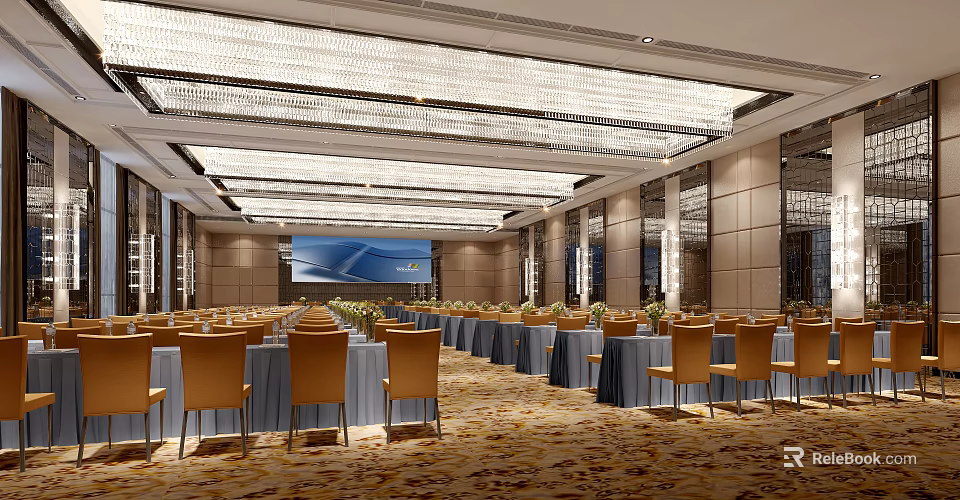 Elegant Conference Room With Large Chandeliers Projector Screen Rows Of Chairs And Flowers 3d model 
