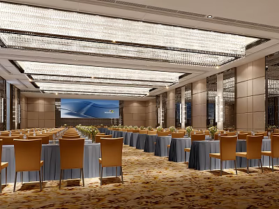 Elegant Conference Room With Large Chandeliers Projector Screen Rows Of Chairs And Flowers 3d model