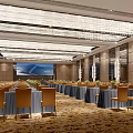 Elegant Conference Room With Large Chandeliers Projector Screen Rows Of Chairs And Flowers