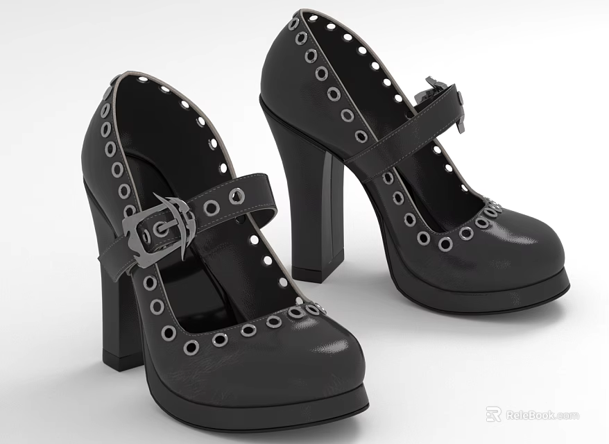 Black High Heel Shoes With Block Heel Metal Buckle And Eyelet Details 3d model 