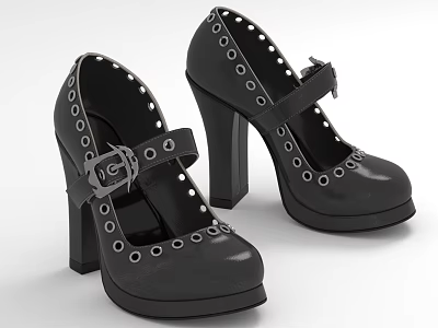 Black High Heel Shoes With Block Heel Metal Buckle And Eyelet Details 3d model