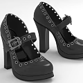 Black High Heel Shoes With Block Heel Metal Buckle And Eyelet Details