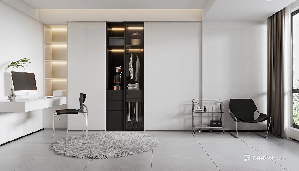 Modern Walk in Closet With White Cabinets Black Glass Door And Built in Lighting 3d model 