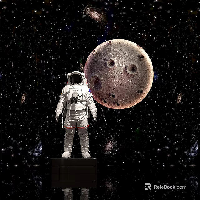 Astronaut in White Spacesuit Standing Against Starry Space Background With Moon And Nebulas 3d model 