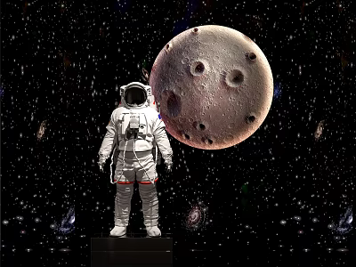 Astronaut in White Spacesuit Standing Against Starry Space Background With Moon And Nebulas 3d model