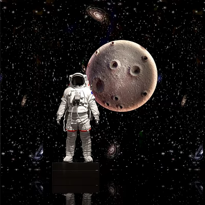 Astronaut in White Spacesuit Standing Against Starry Space Background With Moon And Nebulas 3d model