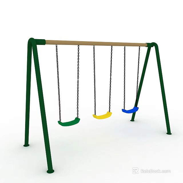 Playground Equipment with Green Frame Three Swings and Colorful Green Yellow Blue Seats 3d model 
