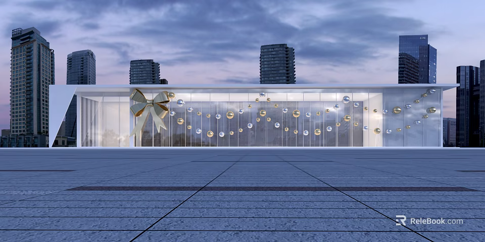 Modern Glass Building Exterior With Bow Decoration And Hanging Ornaments 3d model 