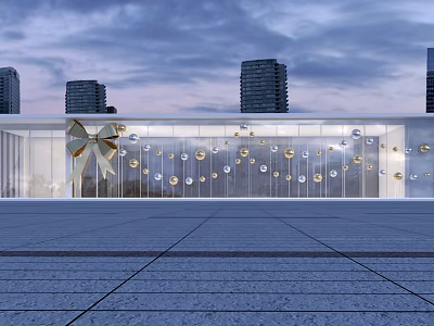 Modern Glass Building Exterior With Bow Decoration And Hanging Ornaments 3d model