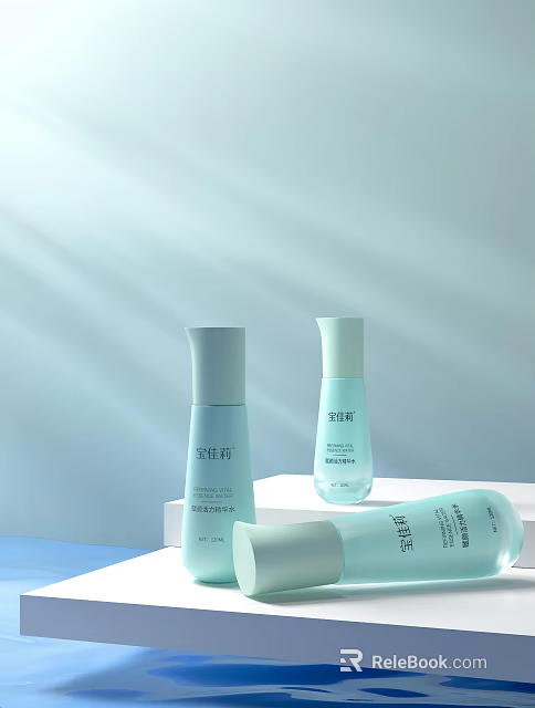 Cosmetic Skincare Products With Light Blue Bottles On White Platform And Soft Light 3d model 