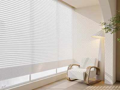 White Venetian Blinds Filtering Sunlight through Window in Modern Interior With Armchair 3d model