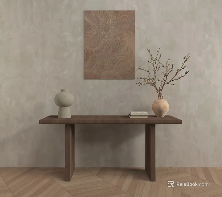 Stylish Console Table with Decorative Painting Gray Vase Books and Branch Decor on Wooden Floor Light Wall 3d model 