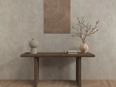 Stylish Console Table with Decorative Painting Gray Vase Books and Branch Decor on Wooden Floor Light Wall 3d model