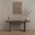 Stylish Console Table with Decorative Painting Gray Vase Books and Branch Decor on Wooden Floor Light Wall