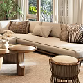 Modern Living Room Interior With Comfortable Sofa Wooden Coffee Table And Woven Pendant Light