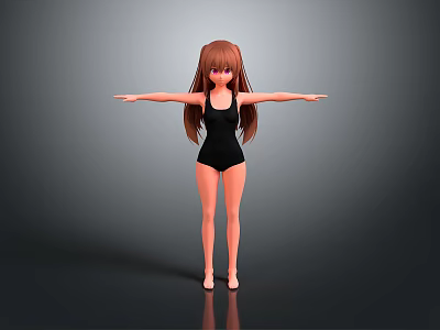 3D Anime Character With Long Brown Hair In Black Leotard Arms Outstretched 3d model
