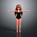 3D Anime Character With Long Brown Hair In Black Leotard Arms Outstretched