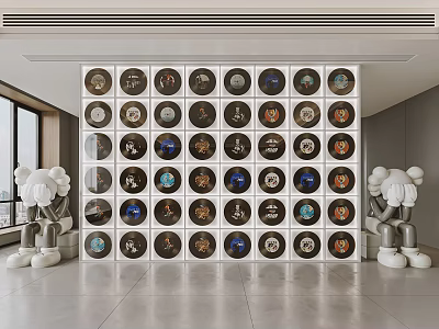 Modern Minimalist Background Wall with Grid Arranged Circular Decorations and White Sculptures on Sides 3d model