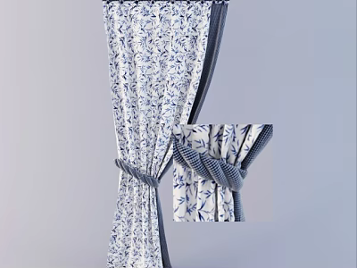 Elegant Blue And White Floral Curtain With Grey Tieback For Home Decor 3d model