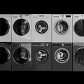 Ten Silver and Black Front Load Washing Machines Arranged in Two Rows of Five