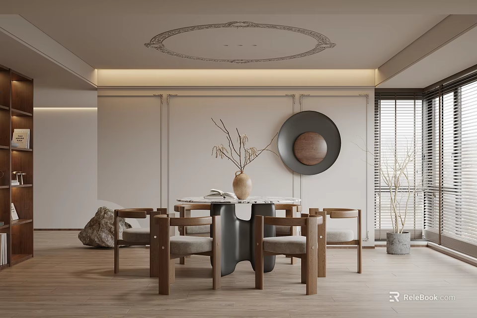 Minimalist Restaurant Interior With Round Dining Table Wooden Chairs Circular Mirror And Window Plants 3d model 