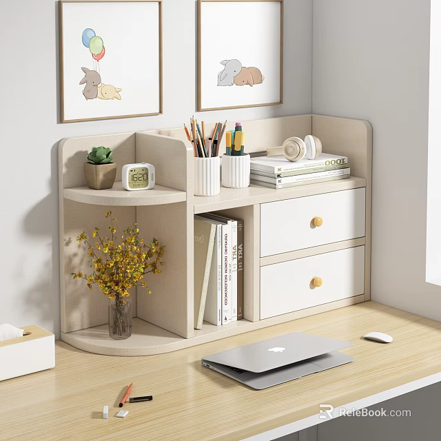 Modern Laptop Setup On Wooden Desk With Bookshelf Drawers Stationery And Plants 3d model 