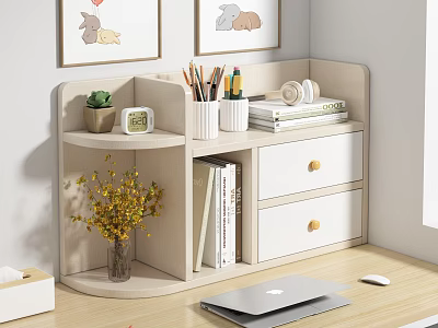Modern Laptop Setup On Wooden Desk With Bookshelf Drawers Stationery And Plants 3d model