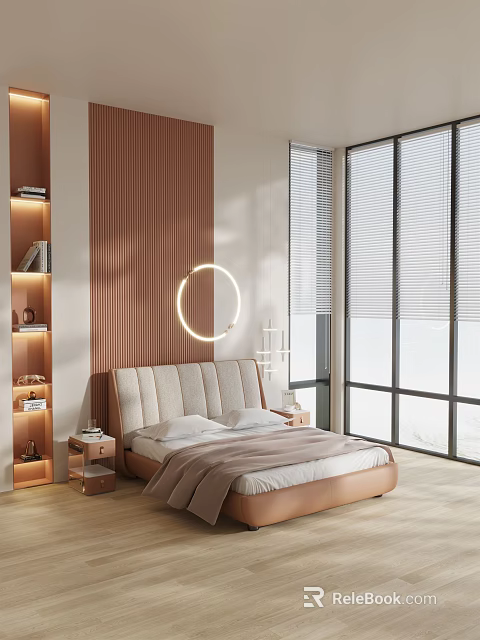 Modern Bedroom Interior With Double Bed Upholstered Headboard Wooden Panel Walls And Large Windows 3d model 