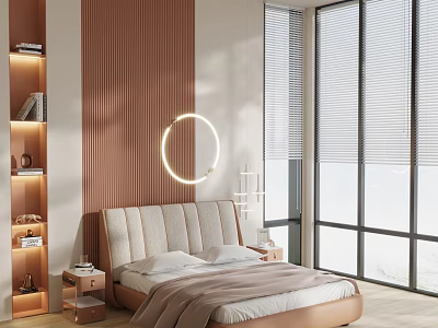 Modern Bedroom Interior With Double Bed Upholstered Headboard Wooden Panel Walls And Large Windows 3d model